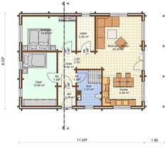 the floor plan for a small cabin with two bedroom and living room, including an attached kitchen