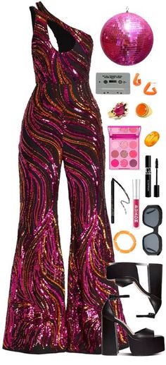 Disco Dress Up Party, 70s Jumpsuits For Women Disco, Disco Inspired Outfits Plus Size, Disco Outfit Halloween, Jungle Disco Party Outfit, Disco Outfit Ideas 70s Party, Disco Retro Outfit For Women, Studio 45 Party Outfit, Disco Jumpsuit 1970s