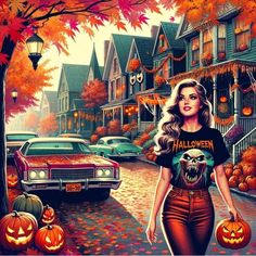 a painting of a woman walking down a street with pumpkins in front of her