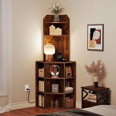 a bedroom with a bed, desk and bookcase in it's corner area