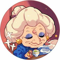 an old woman with blue eyes and white hair holding a plate full of food in front of her face