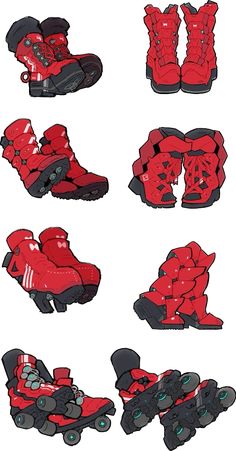 red roller skates are shown in different positions