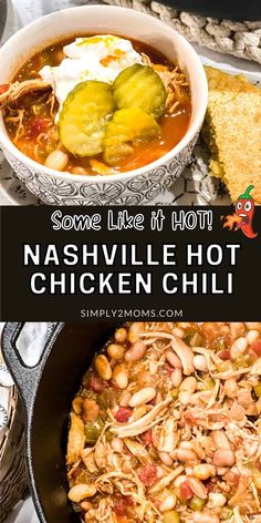 some like it hot nashville chicken chili with pickles and sour cream in a skillet