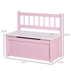 a pink toy bench with storage underneath it and measurements for the seat height chart below