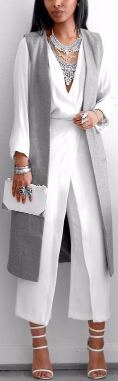 White + Grey // Blouse @hm , Long Vest @missguided , Pants (old) Zara , Heels @simmishoes // Fashion Look by femmeblk Chique Outfits, Grey Blouse, Vest White, Maxi Skirts, Mode Inspiration, Work Attire