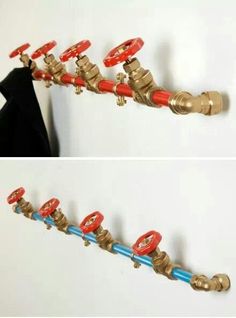 two pictures of different types of pipes attached to the wall, one with red and blue handles