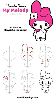 an image of how to draw my melody from kawaia's drawing book