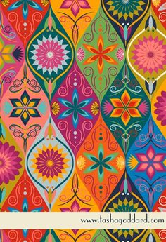 a colorful pattern with many different colors and designs on it, including flowers in the center