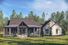 this is an artist's rendering of a house in the country side with trees and grass