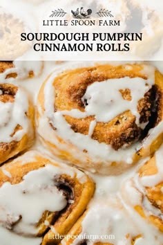 some cinnamon rolls with icing on top and the words, little spoon farm sourdough pumpkin cinnamon rolls