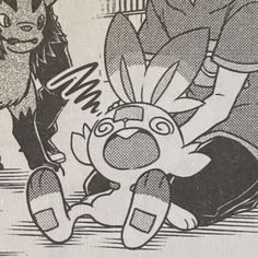 an image of a cartoon character laying on the ground next to another character that is looking at him