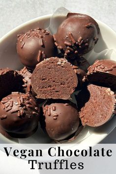 vegan chocolate truffles in a white bowl with the words, vegan chocolate truffles