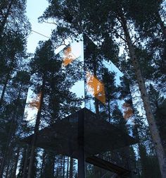 the reflection of trees and sky in a glass box on top of a tree stand