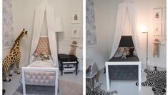 two pictures of a child's bedroom with a giraffe and zebra theme