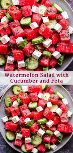 watermelon salad with cucumber and feta is shown in two pictures