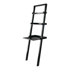 a black shelf with two shelves on each side and a ladder to the other side