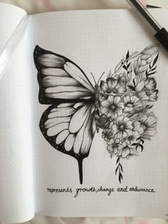 a drawing of a butterfly with flowers on it's wings and the words represents growth, change and abundance