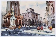 a watercolor painting of people walking down a street with buildings in the back ground