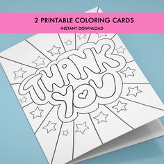 two printable coloring cards with the words thank you on them and stars in the background