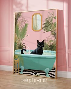 a black cat sitting in a blue bathtub with palm leaves on the wall behind it