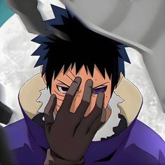 an anime character holding his hand up to his face