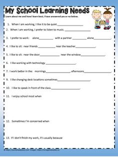 a printable worksheet with the words,'my school learning needs '