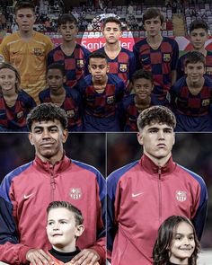 multiple pictures of soccer players in red and blue uniforms, with one boy holding an orange ball