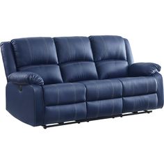 a blue leather reclining sofa on a white background