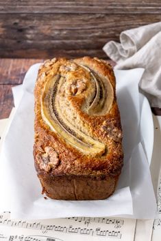 a loaf of banana bread sitting on top of a sheet of paper