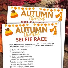 an autumn themed selfie race is shown with the words selfie race on it