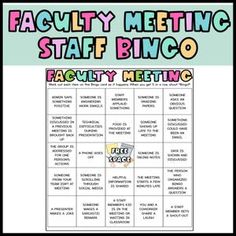 a poster with the words faculty meeting staff bingo