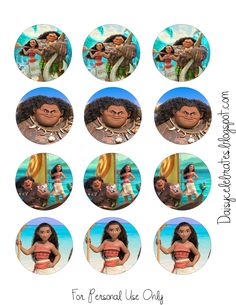 the character moan from disney's moan movie is shown in this set of 8 round stickers