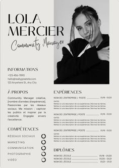 a black and white resume with a woman's face on the front, in an elegant