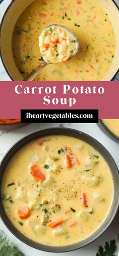 carrot potato soup in a pot with a ladle full of it and the title overlay reads carrot potato soup