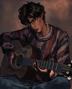 a drawing of a person sitting with a guitar