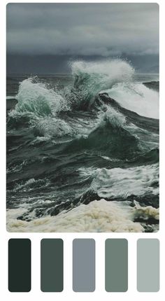 an ocean scene with waves and colors in the foreground, including grays and greens