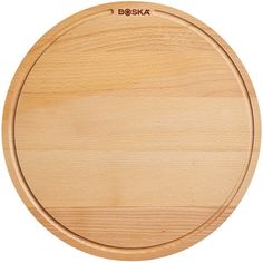 a wooden cutting board with the word boskia on it's front side