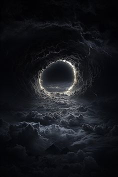 a black hole in the sky with clouds around it and lightning coming out from inside