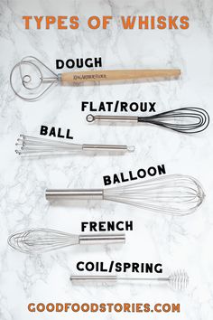 four types of whisks on a marble counter top with text overlay that reads five types of whisks dough, flatirox, ball, balloon, french coils,