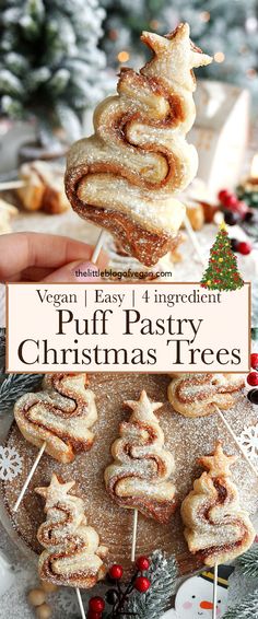 vegan puff pastry christmas trees on a platter with text overlay that reads vegan easy 4 ingredient puff pastry christmas trees