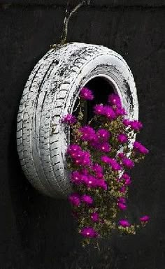 a tire hanging from the side of a building with purple flowers in front of it