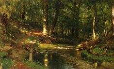 a painting of a stream running through a forest