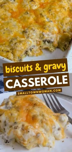 a casserole dish with biscuits and gravy on it, next to a fork