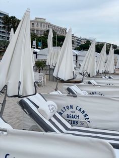 there are many beach chairs and umbrellas lined up on the sand at the beach