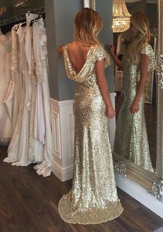 Sheath Bateau Short Sleeve Draped Floor Length Sweep Gold Sequin Eveni - Princessly #Prom #prom2024 #promdresses #spring2024 #partydress #longdress #dressshop #promdress #shopping #girl #promidea #fashionstyle #promshopping #shoppingonline #dresses #prommakeup #sale #heels #chic #dressup #fashionblogger #style #blogger #makeup #beauty #formaldress #eveningdress #weddingguest Cowl Back Wedding Dress, Sequins Prom Dress, Cap Sleeve Prom Dress, Backless Bridesmaid Dress, Prom Dress With Train, Sparkle Prom Dress, Sparkly Prom Dresses, Dress With Train, Sequin Bridesmaid