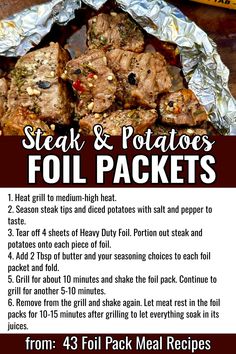 the instructions for steak and potatoes foil packets are shown in this advertisement