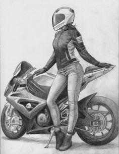 a pencil drawing of a woman on a motorbike wearing a helmet and boots