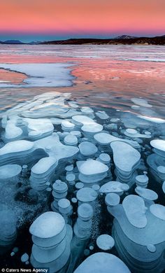 ice floes floating on the water at sunset with pink sky and clouds in background