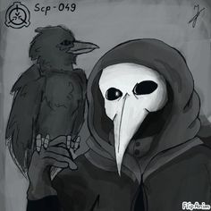 a black and white drawing of a person with a bird on their arm, wearing a hooded jacket