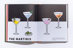 an open book with three martinis on it